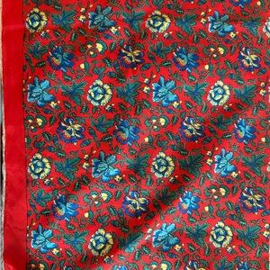 Vintage Red Floral Printed Scarf with Blue & Yellow Flowers